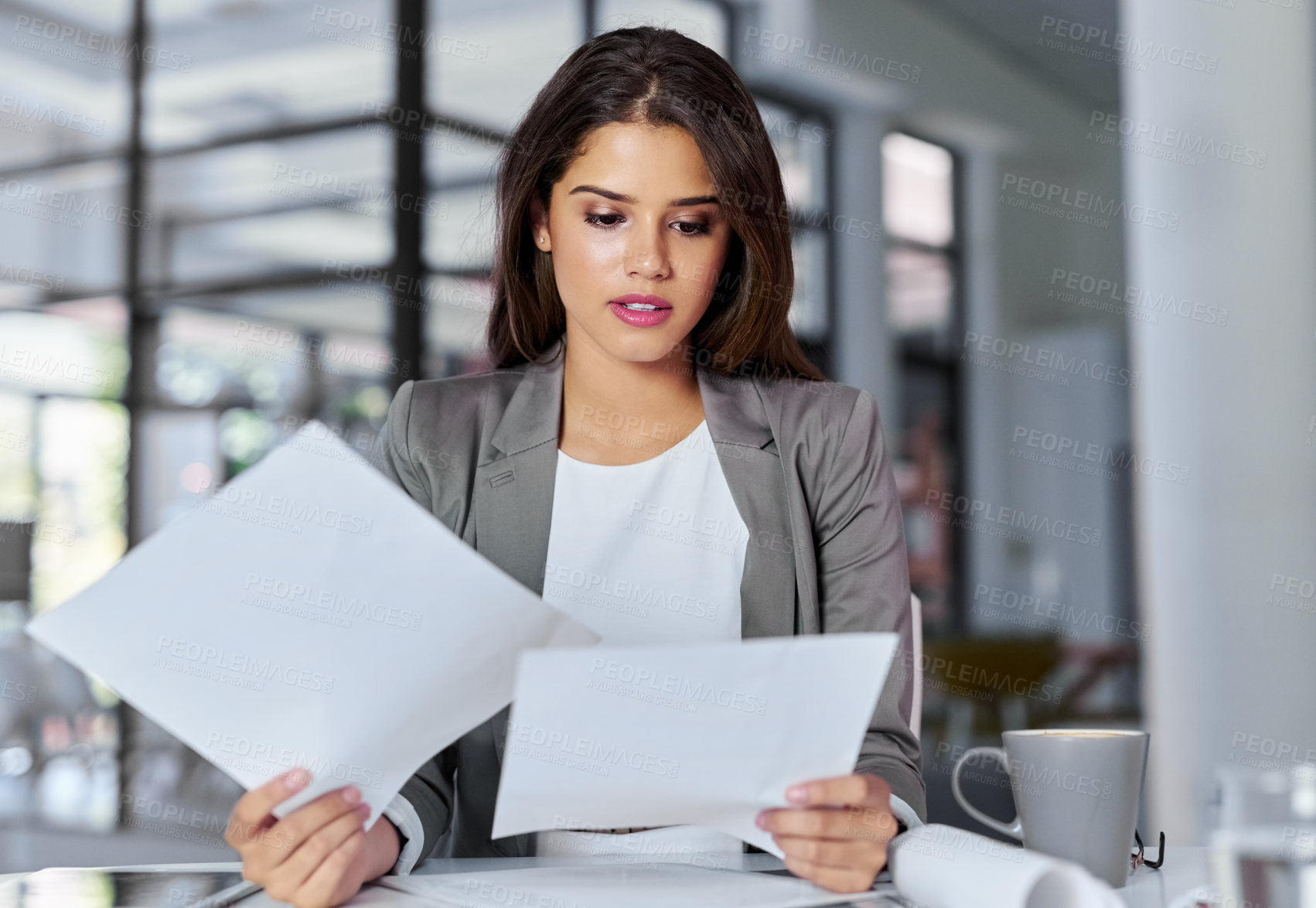 Buy stock photo Business, woman and reading documents in office for proposal, startup project and corporate report. Workplace, professional and hr manager with paperwork to check, analyse and company information