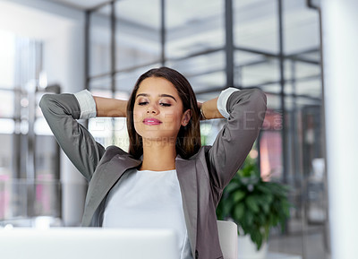 Buy stock photo Business woman, smile and finished with relax, stretching and peace as satisfied, done and complete. Female person, office and happiness in company, corporate or workforce for human resources agency