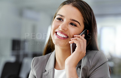 Buy stock photo Business, woman and thinking with phone call in office for contract negotiation or consulting financial investor. Professional, employee or smile with contact by desk for proposal feedback and review