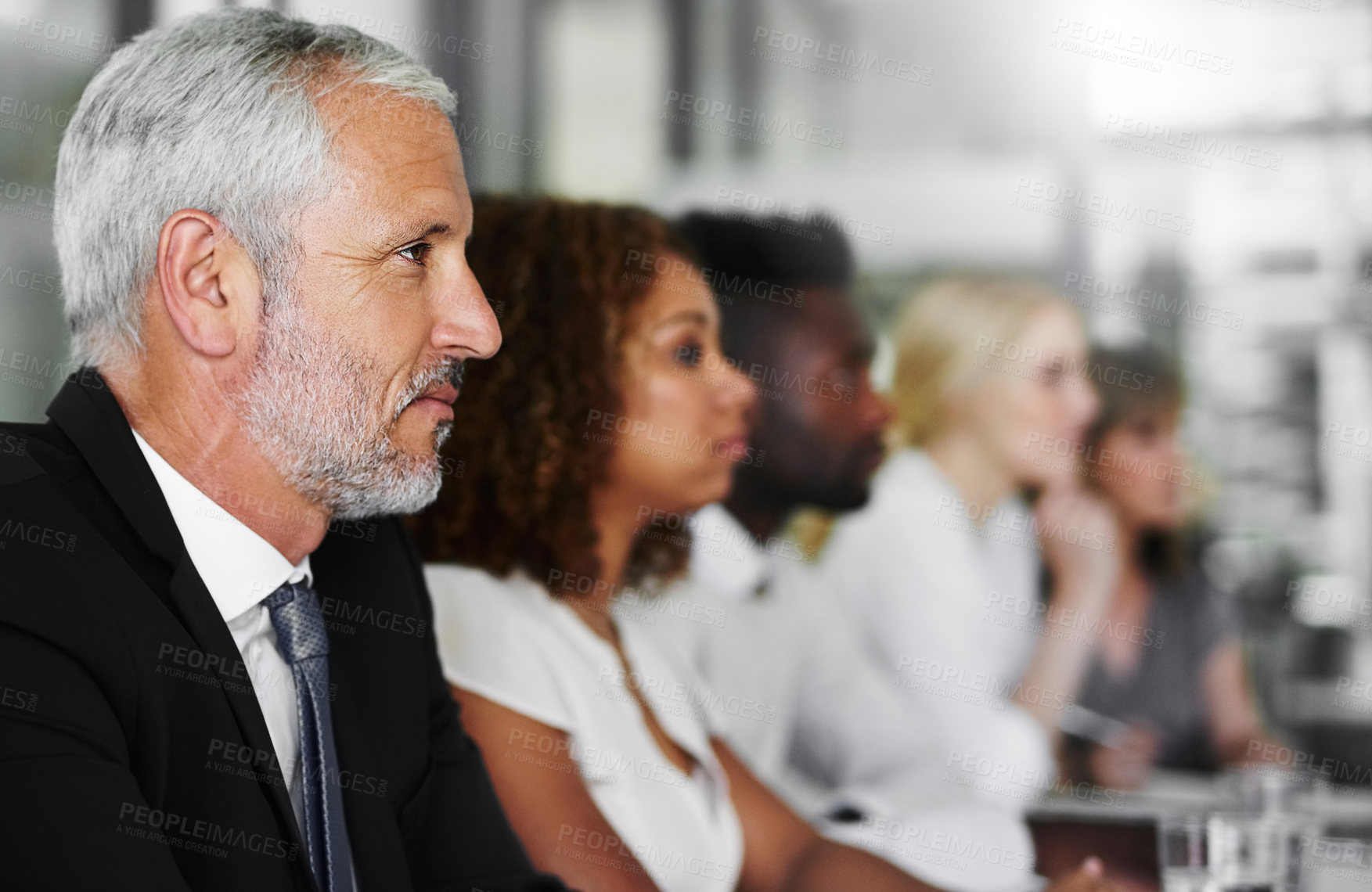 Buy stock photo Businessman, profile and thinking in office for meeting, employee engagement and feedback for growth. People, mature person and attentive in conference for presentation, planning or campaign pitch