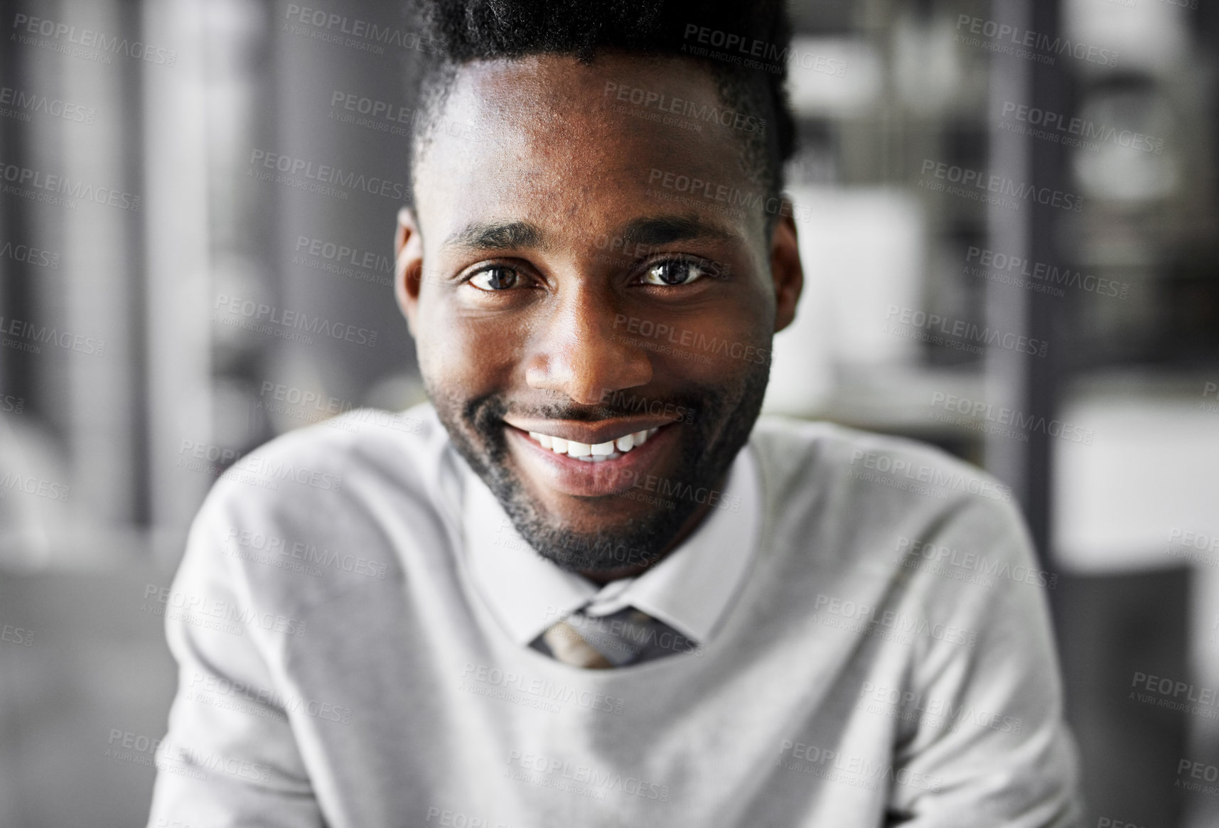 Buy stock photo Happy, portrait and African businessman for confidence, brainstorming and problem solving. Project manager, corporate and smile in workplace with plan, solution and ambition for future career growth