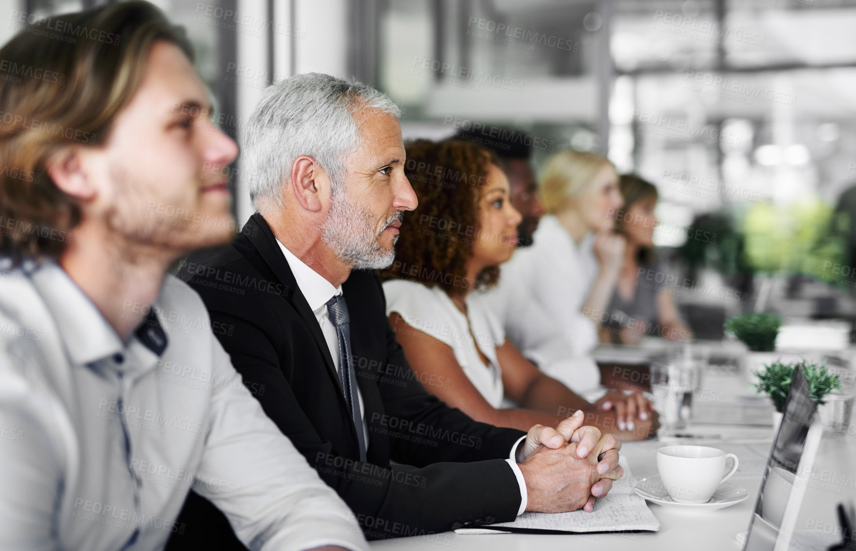 Buy stock photo Meeting, planning and teamwork with business man in office for growth, development and strategy. Insight solution, corporate organization and idea with people in boardroom for project management