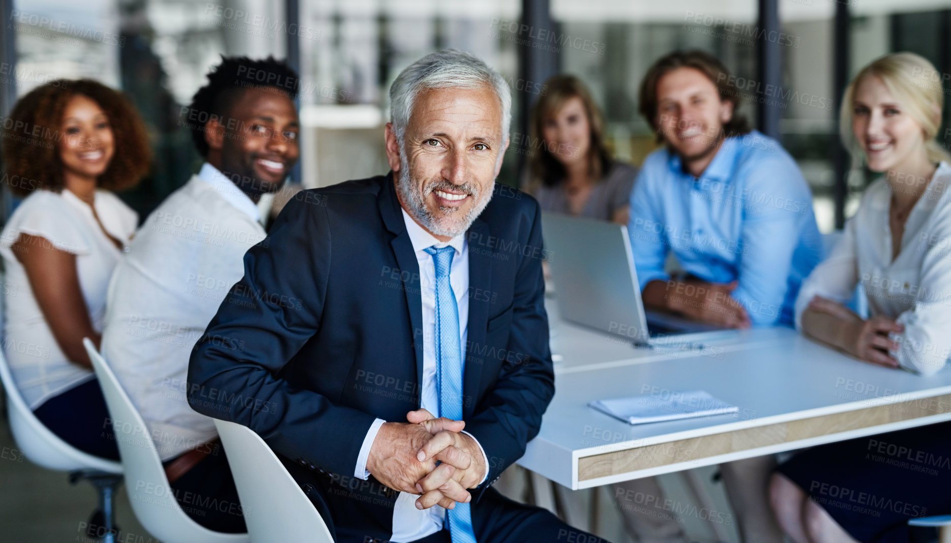 Buy stock photo CEO, portrait and business man with team in office for solidarity, job or about us in company. Face, smile and professional entrepreneur with diverse group, employees and mature sales manager at work