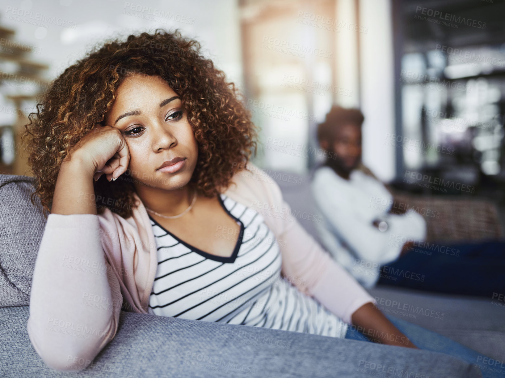 Buy stock photo Frustrated couple, argument or ignore with fight for disagreement or living room dispute at home. Upset, woman and man with breakup, divorce or seperation for toxic relationship or cheating affair