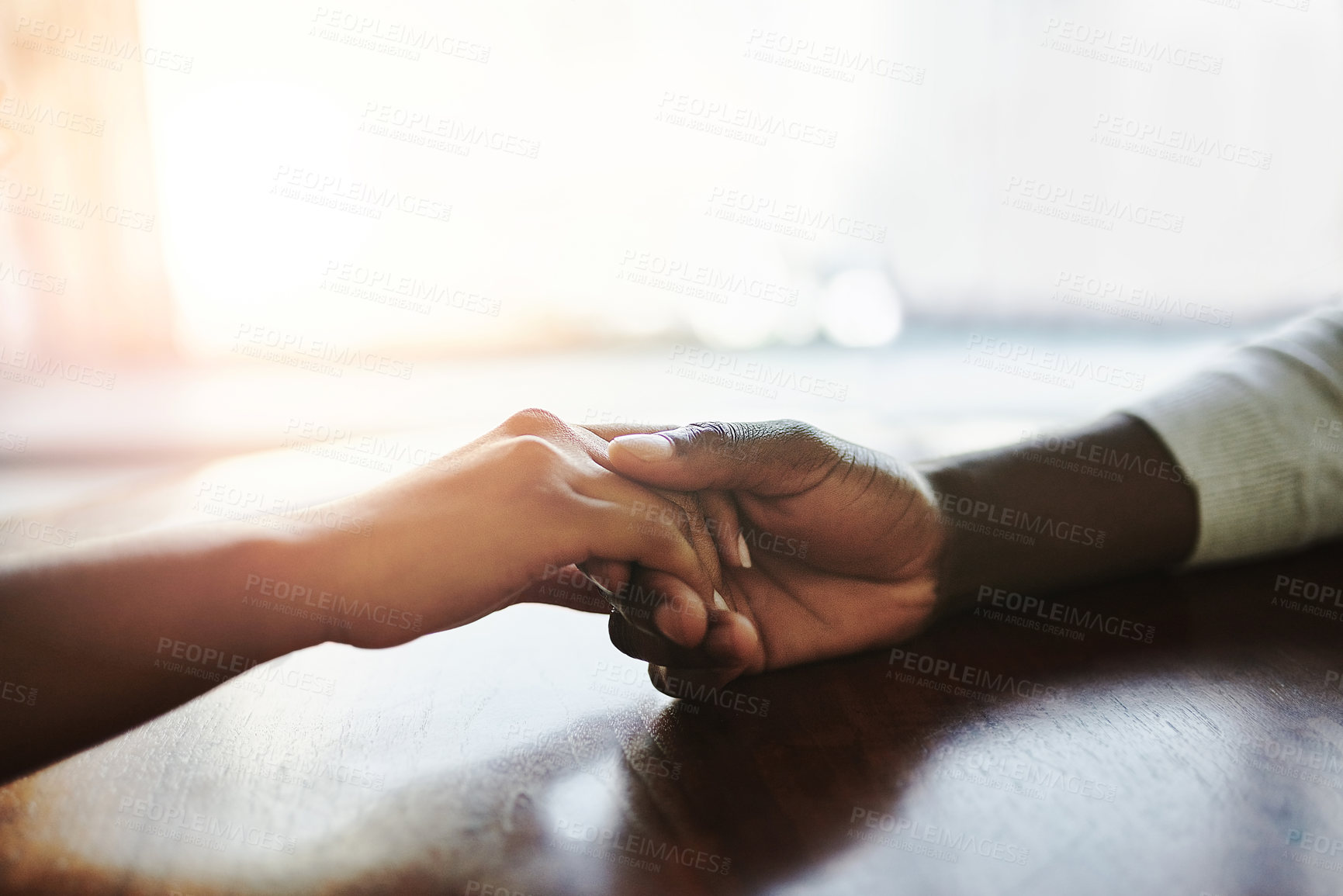 Buy stock photo Help, love and support of a couple holding hands in comfort at home. Romantic people in a caring, loving and affectionate relationship, unity and care for relief in closeup, on copy space background.