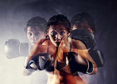 Buy stock photo Portrait of a focused young boxer working out with a multiple exposure effect