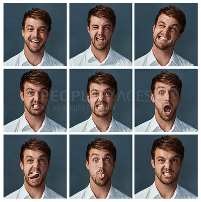 Buy stock photo Composite shot of a handsome young man making various facial expressions against a dark background
