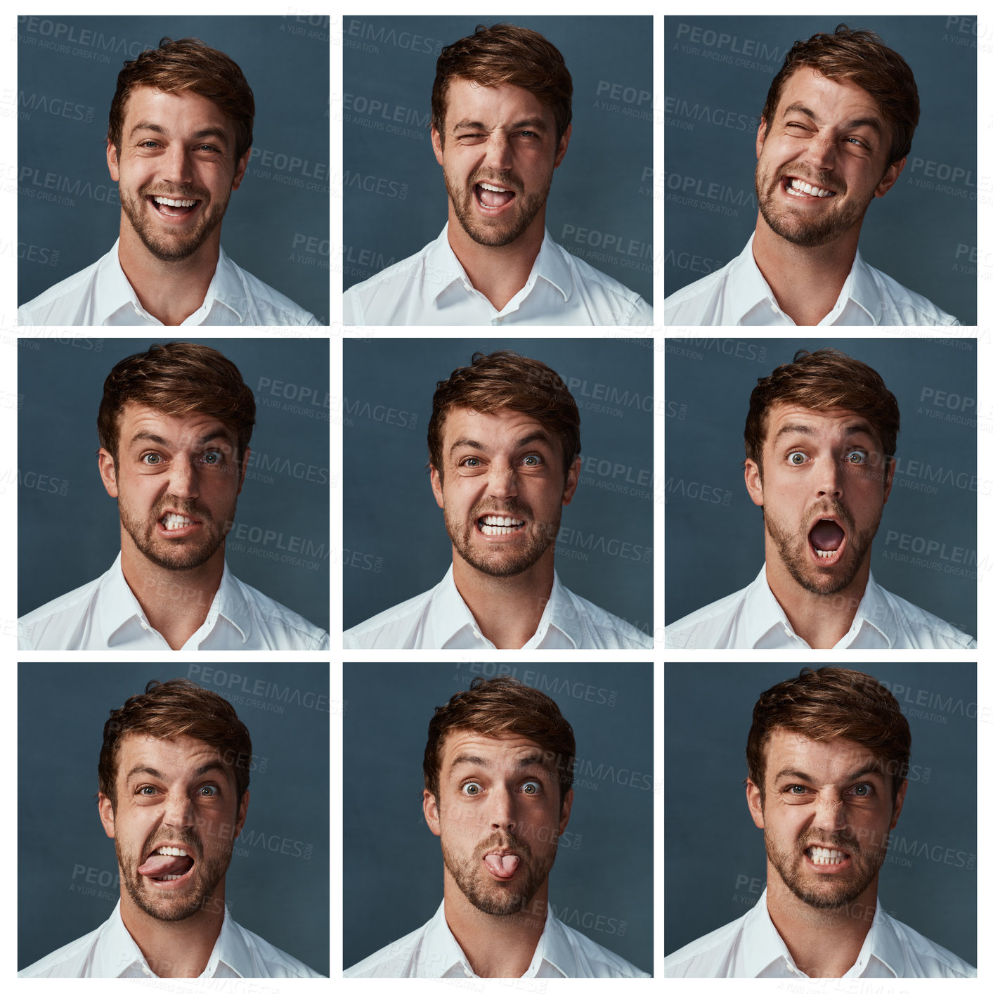 Buy stock photo Composite shot of a handsome young man making various facial expressions against a dark background