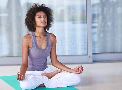 Buy stock photo Woman, lotus and meditation in yoga for peace, calm and mental health or wellness and mindfulness at home. Young African person with eyes closed in spiritual, holistic and breathing exercise to relax