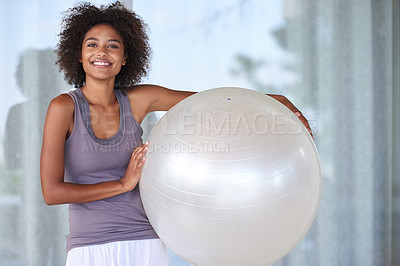 Buy stock photo Woman, portrait and happy with exercise ball for fitness, wellness and health at home or window. Excited and young African person with workout, pilates and balance equipment for practice and training