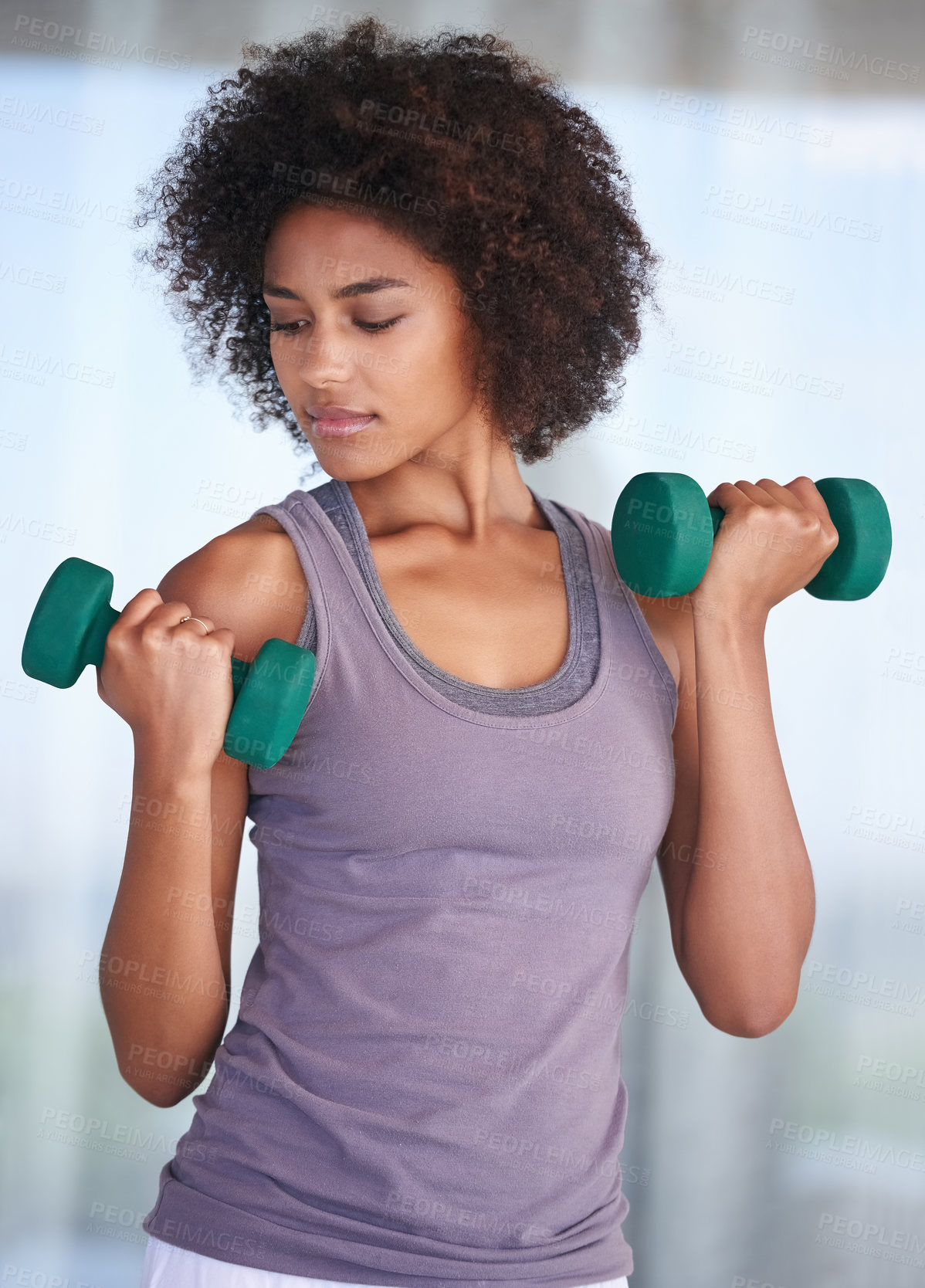 Buy stock photo Woman, fitness and dumbbell for workout, exercise and wellness with power, resilience and strength. Strong, young and African person with training gear, weightlifting and muscle health at her home