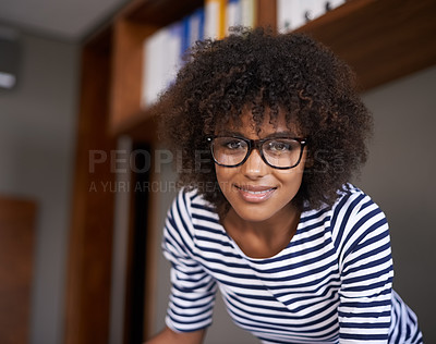 Buy stock photo Portrait, remote work and happy black woman in startup business for entrepreneur, designer and creative company. Face, proud and young afro person for confidence, happiness and pride in workplace