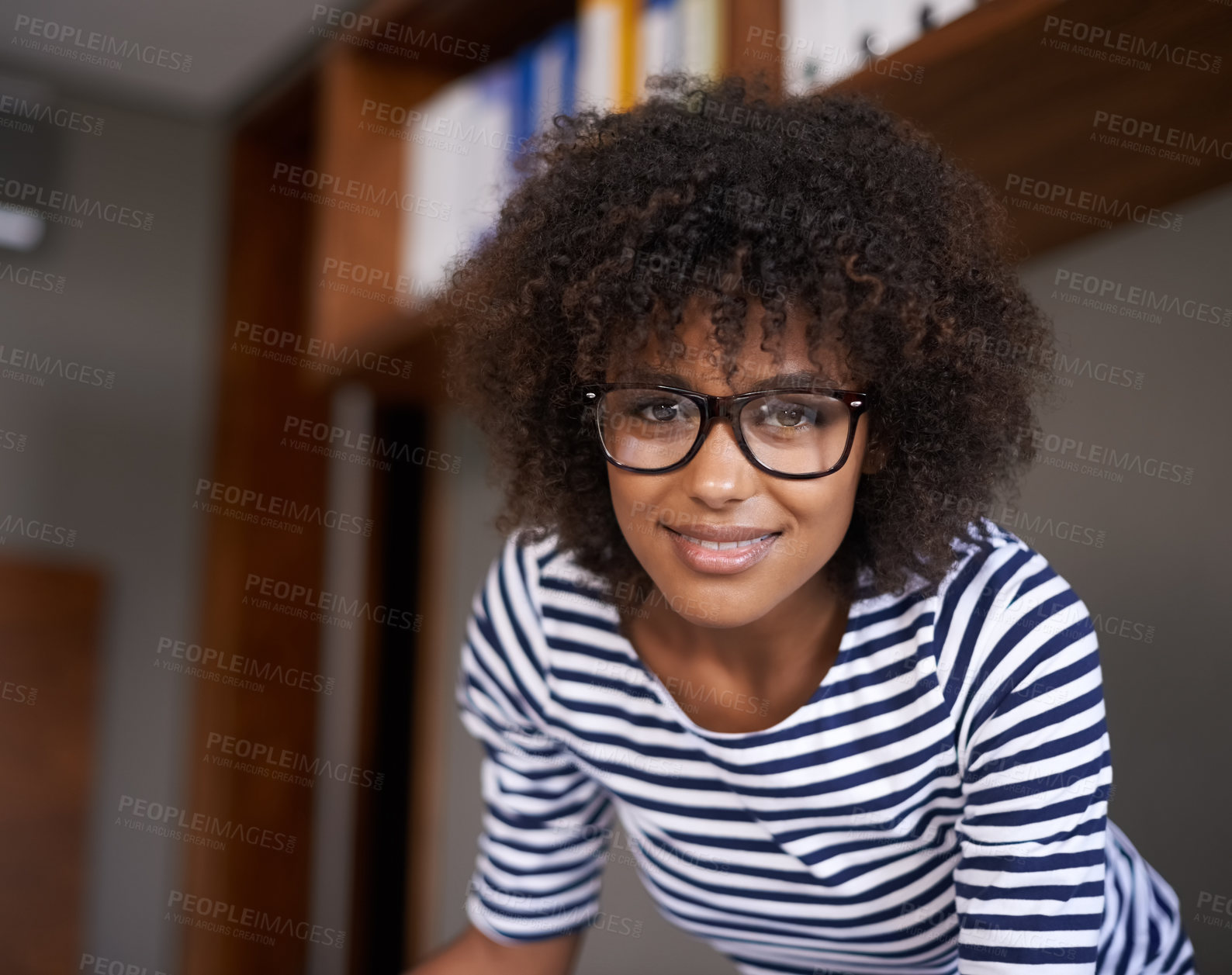 Buy stock photo Portrait, remote work and happy black woman in startup business for entrepreneur, designer and creative company. Face, proud and young afro person for confidence, happiness and pride in workplace