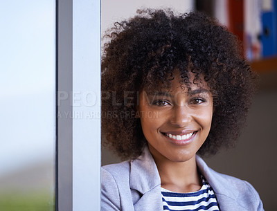 Buy stock photo Portrait, happy black woman and startup company for designer, entrepreneur and creative business in office. Face, smile and young afro female person for confidence, happiness and pride in workplace