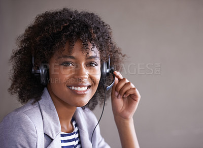 Buy stock photo Call center, portrait and woman in headset and happy virtual communication, technical support or client online chat. Professional agent, consultant or face of african business person in telemarketing