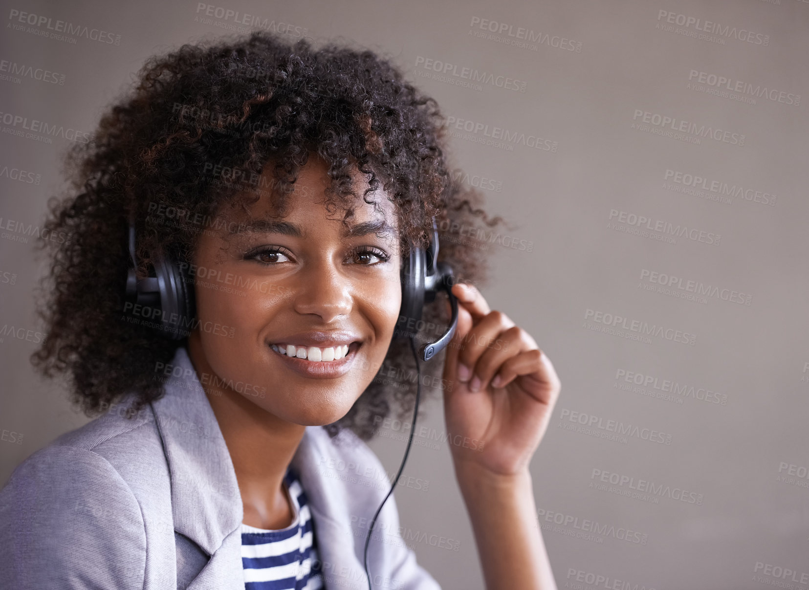 Buy stock photo Call center, portrait and woman in headset and happy virtual communication, technical support or client online chat. Professional agent, consultant or face of african business person in telemarketing