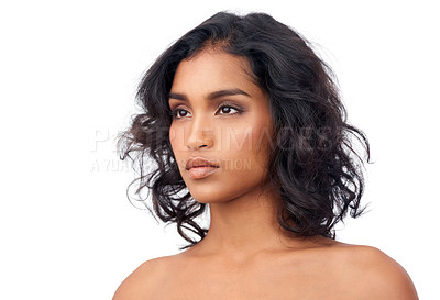 Buy stock photo Skincare, beauty and makeup for Indian woman, luxury and cosmetology on white background. Face, confidence and cosmetic for female model, hairstyle and salon treatment for dermatology in studio