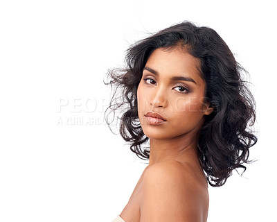 Buy stock photo Beauty, makeup and portrait for Indian woman, skincare and self care on white background. Confidence, hairstyle and curls for face of ethnic female model, natural and salon treatment in studio