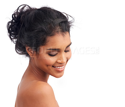 Buy stock photo Soft, makeup and happy woman in studio for beauty, wellness or cosmetic against white background. Mockup, smile and calm Indian female model relax with dermatology, shine and glowing skin or texture