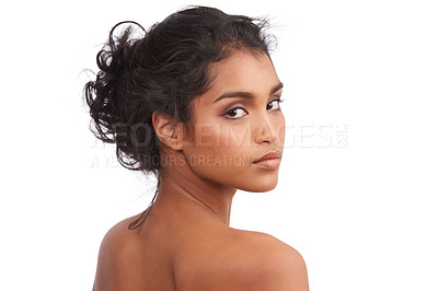Buy stock photo Portrait, skincare and Indian woman with makeup, dermatology and salon treatment isolated against white studio background. Face, female person and girl with confidence, grooming routine and cosmetics