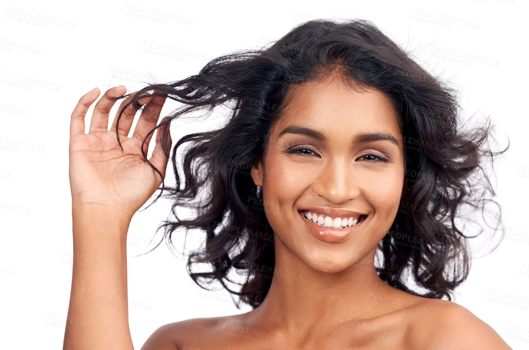 Buy stock photo Hair, studio and portrait of indian woman with makeup with self care from cosmetics in white background. Beauty, skincare and happy model with healthy glow on skin or natural hairstyle mockup