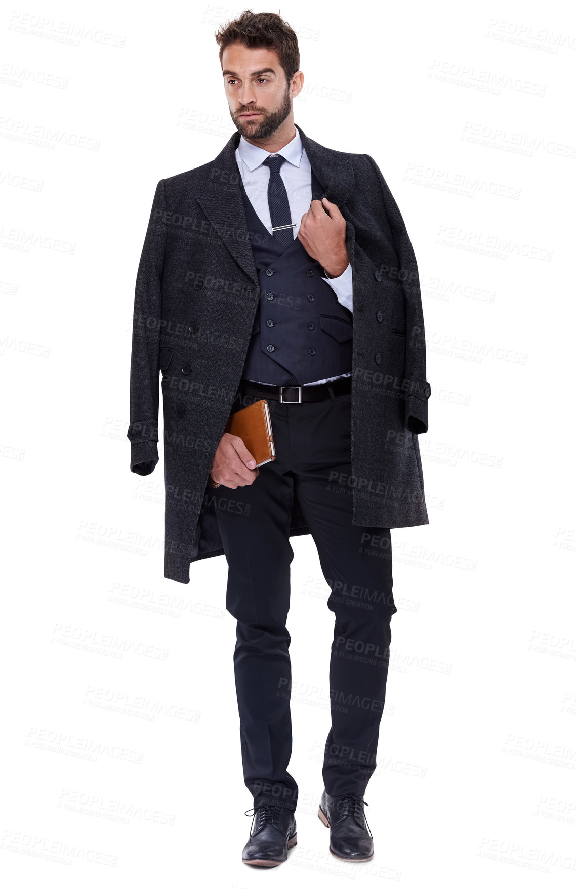 Buy stock photo Coat, fashion and man with suit for style, elegance and formal wear with book isolated on white background. Male person, gentleman and businessman with trendy clothes, class and work outfit in studio