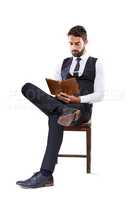 Buy stock photo Studio, tablet and man with chair, formal and business for style and fashion. Professional, lawyer or attorney with corporate, technology and consultant with suit isolated on white background