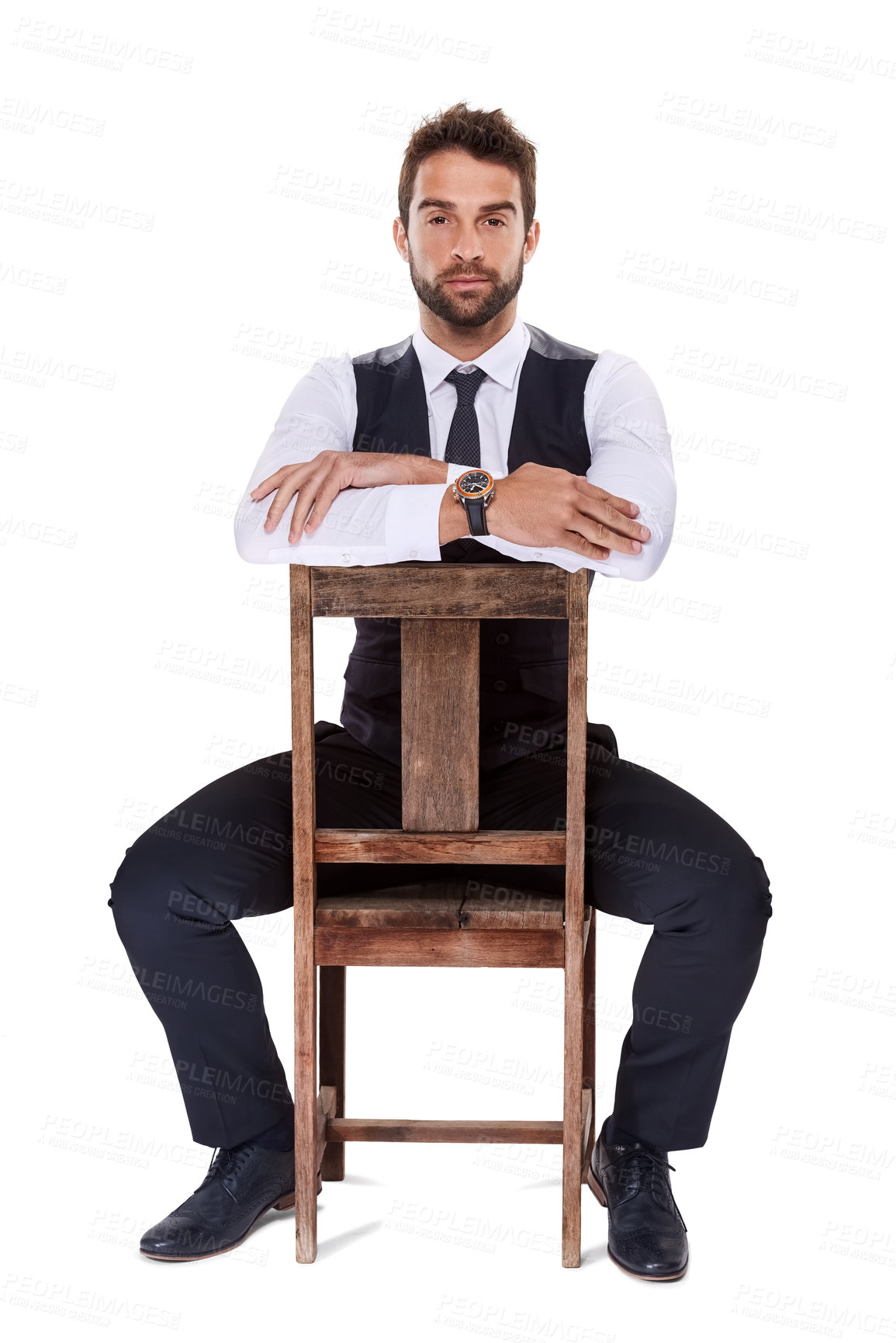 Buy stock photo Chair, serious and portrait of man with suit for fashion, style or formal wear isolated on white background. Male person, gentleman or businessman with trendy clothes, class or outfit in studio