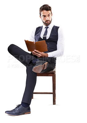 Buy stock photo Studio, tablet and businessman with chair, formal and business for style and fashion. Professional, lawyer or attorney with corporate, career and consultant with suit isolated on white background