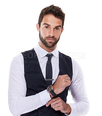 Buy stock photo Portrait, corporate and man with watch for fashion, stylish and luxury for aesthetic of suit in studio. Adult, guy and male person in white background, tuxedo and professional for job and career