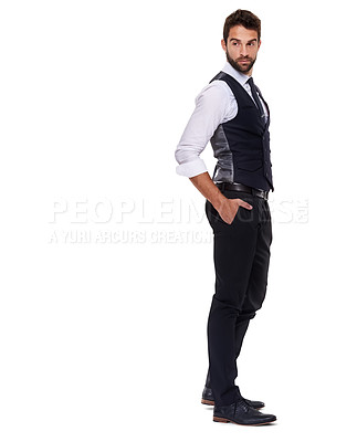 Buy stock photo Serious, employee and man in suit for fashion, stylish and thinking for aesthetic of mockup in studio. Adult, guy and male person in white background, tuxedo and professional for job and career
