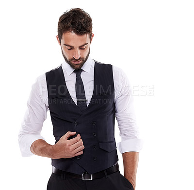 Buy stock photo Vision, serious and man with suit or fashion, style and formal wear isolated on white background. Male person, gentleman or businessman with trendy garment, class or outfit assertive in studio