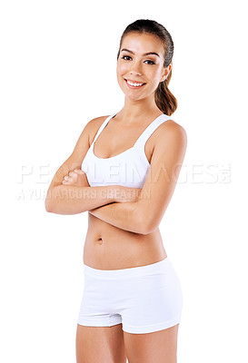 Buy stock photo Shot of a healthy woman posing against a white background 