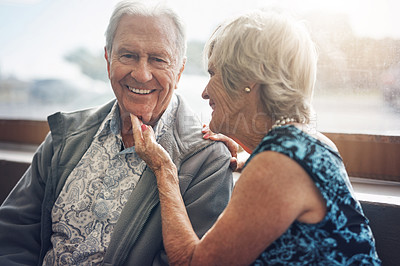 Buy stock photo Romance, portrait and senior couple, touch and happiness in relationship, date and anniversary. Love, woman and man with smile for marriage in retirement, care and relax together with loyalty
