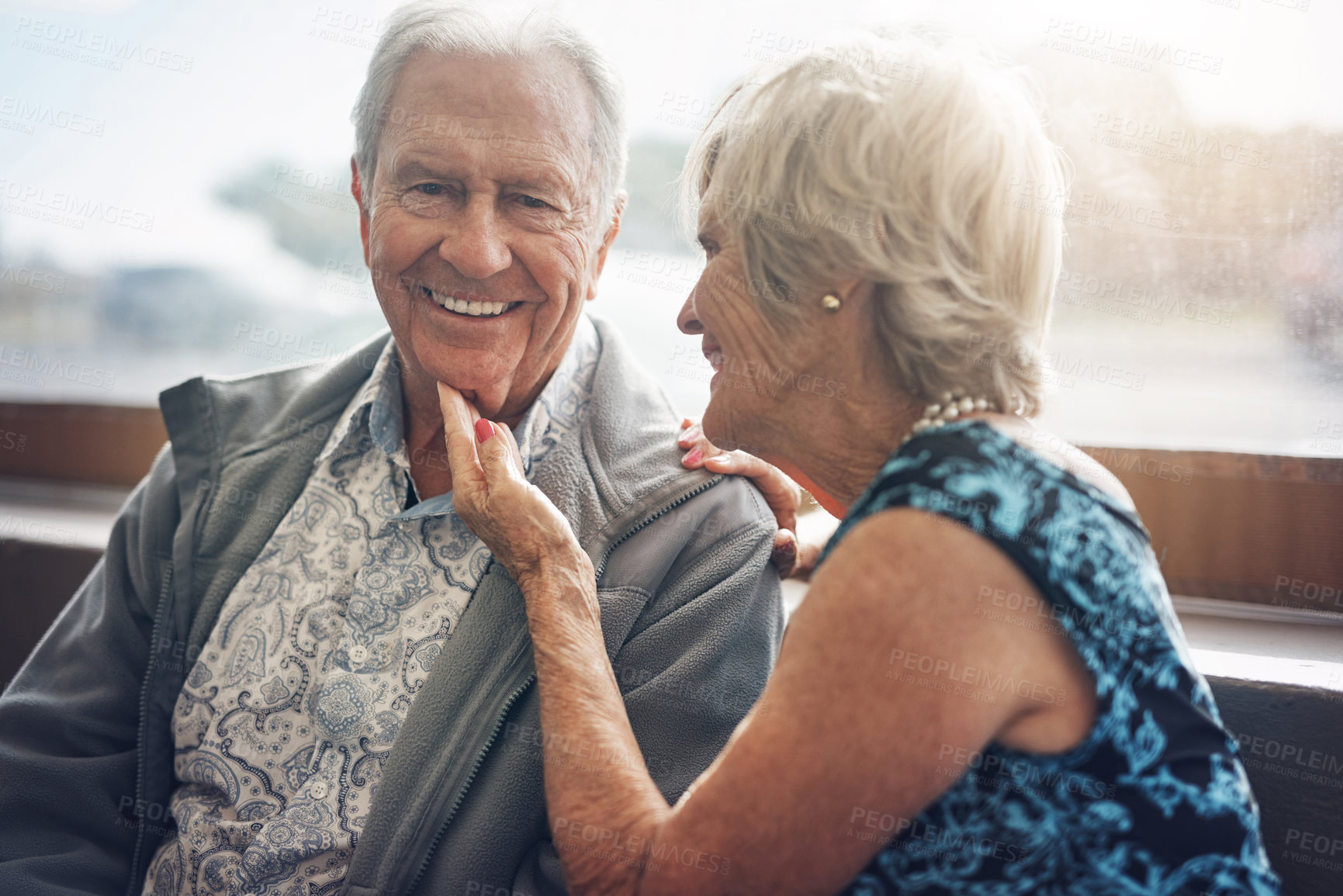 Buy stock photo Romance, portrait and senior couple, touch and happiness in relationship, date and anniversary. Love, woman and man with smile for marriage in retirement, care and relax together with loyalty
