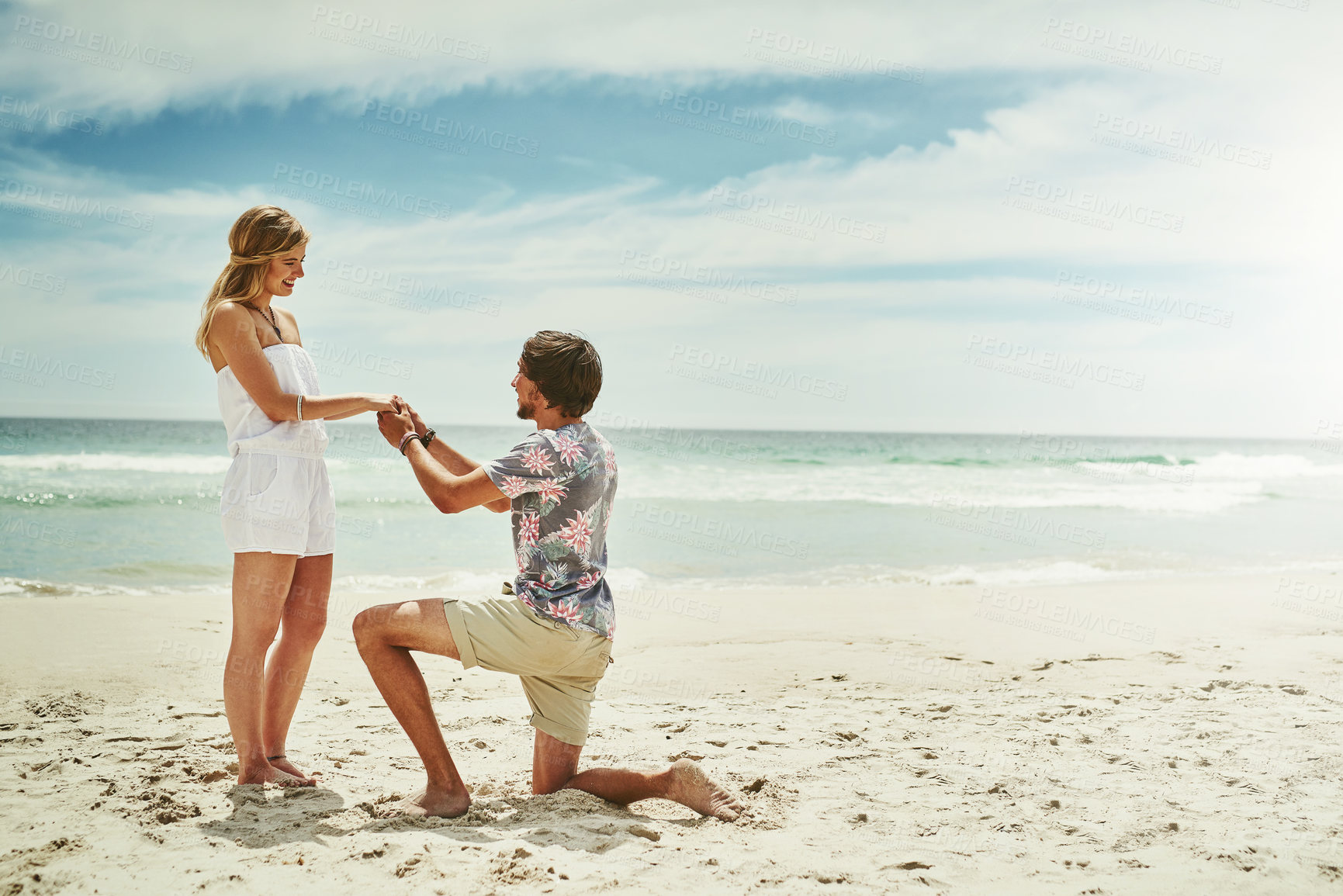 Buy stock photo Happy, couple and proposal for marriage with question on romantic, travel and vacation in Bali. Man, woman and engagement, union or companionship for wedding at beach or seaside in Indonesia on date