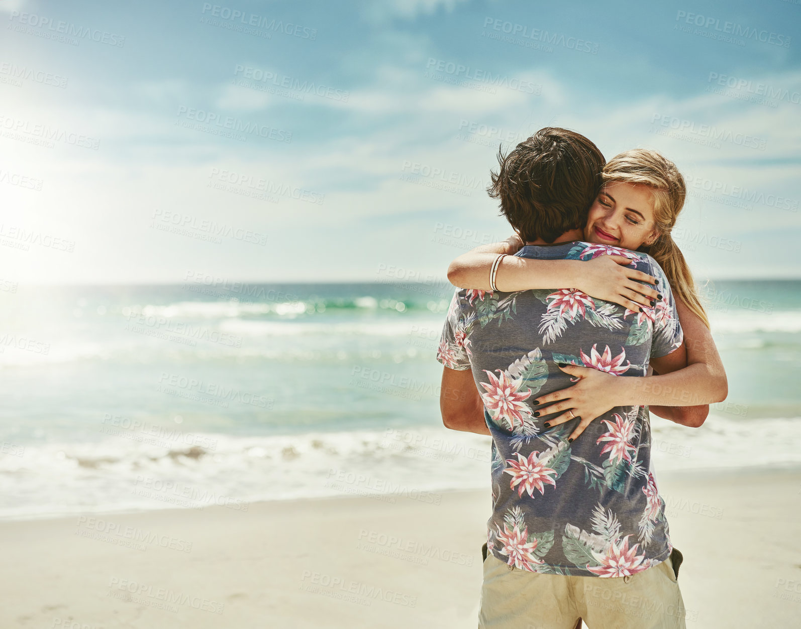 Buy stock photo Happy, couple and love with hug on beach for travel date, romance vacation and bonding of destination peace. Woman, man and embrace with support of healthy relationship, relax island or ocean holiday