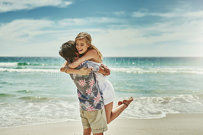 Buy stock photo Beach, couple and love on date with hug for romantic, travel and vacation in Bali. Happy woman, man and embrace for affection, union or companionship in relationship by ocean or seaside in Indonesia