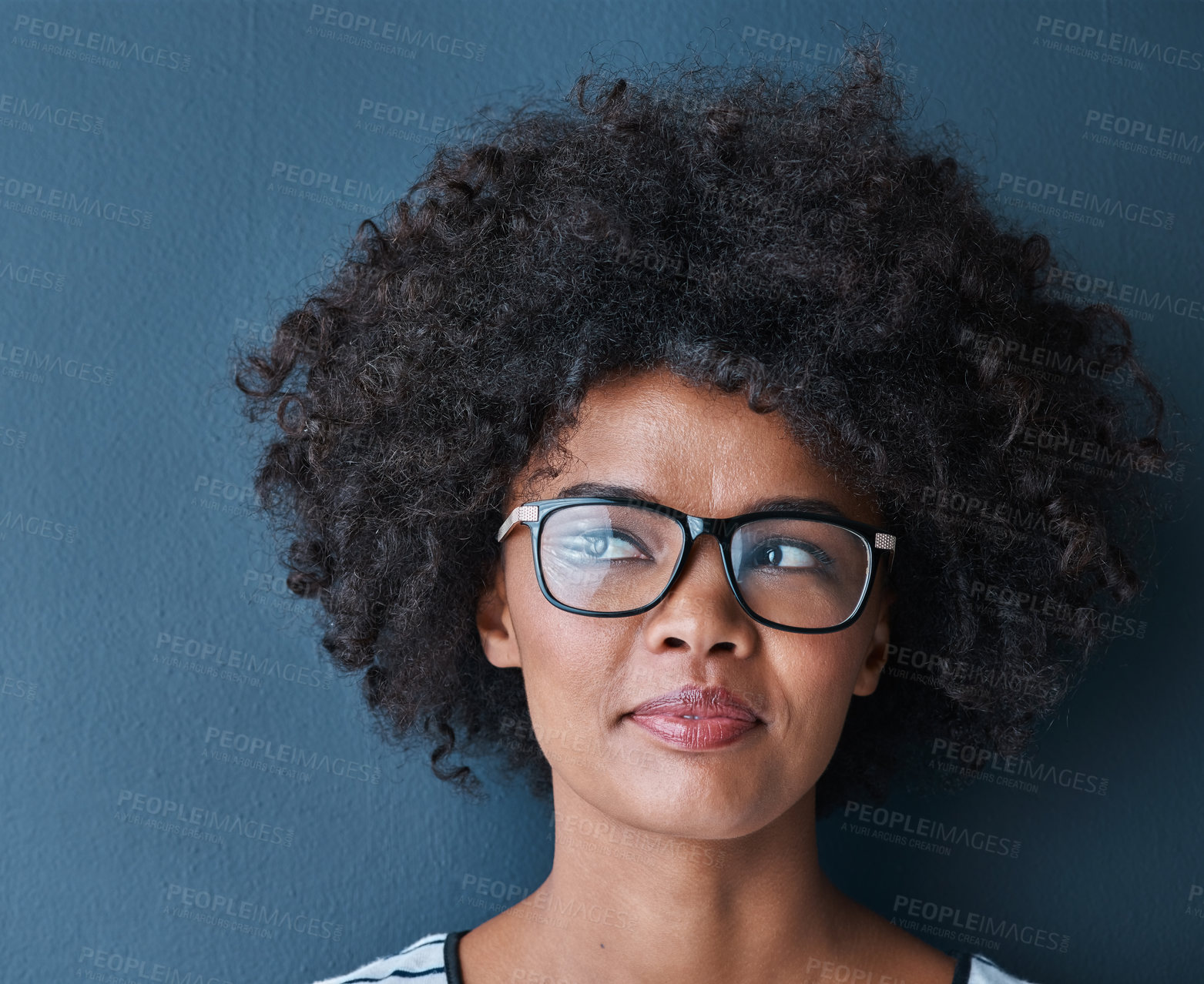 Buy stock photo Black woman, thinking and frame or glasses with eyewear for eyesight, vision and confident. Blue background, female person and prescription for spectacles, lenses and service with ideas or vision