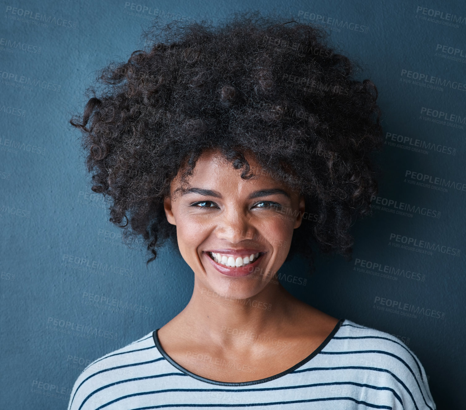 Buy stock photo Happy, laugh and portrait for black woman, studio and confidence for smile and joy. Excited, pride and face with isolated person for cheerful, joy and positive fun attitude on blue background