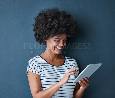 Buy stock photo Studio background, black woman and digital tablet for typing, connect and social media with smile. Mockup, girl and technology for networking, scrolling and reading or chat on online application