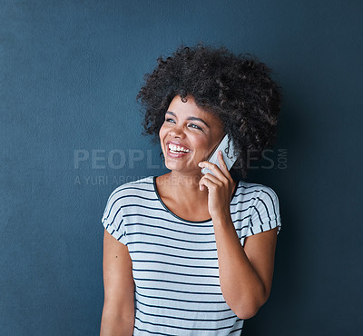 Buy stock photo African woman, phone call and smile in studio with memory for hearing, thinking and contact by blue background. Person, girl and smartphone in conversation, listen or happy for chat on mobile network