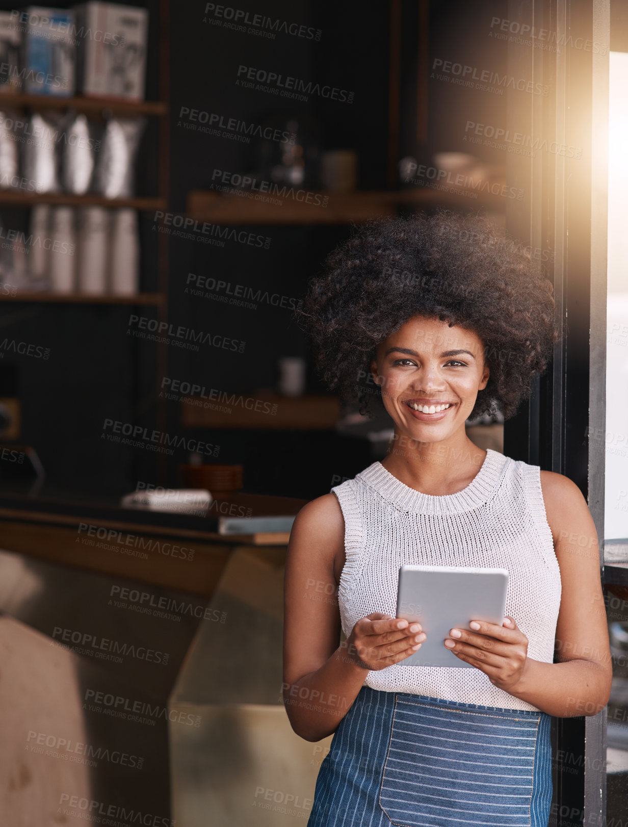 Buy stock photo Black woman, business owner and portrait with tablet by coffee shop for menu planning, inventory management and research sales trends. African entrepreneur, online and thoughts for website and ideas.
