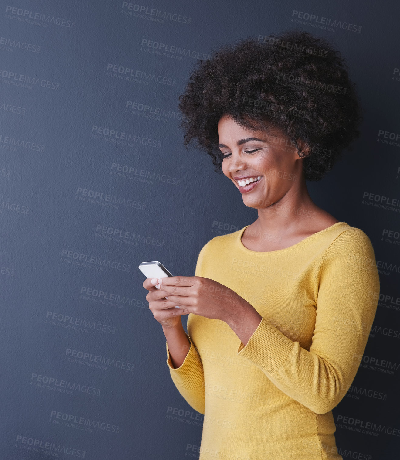 Buy stock photo Social media, chat and black woman using phone laugh at funny meme, post or reading article online. Cellphone, app and person typing contact or communication on internet or website with happiness