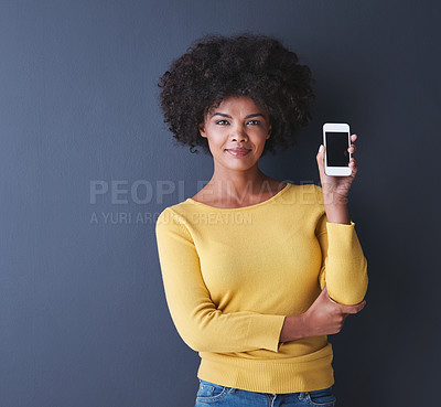 Buy stock photo Phone, screen and portrait of black woman with social media, communication and mockup space. Cellphone, display and online chat, connection or advertising mobile app promotion with technology 
