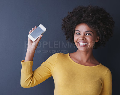 Buy stock photo Phone, screen and happy portrait of black woman with social media, communication and mockup space. Cellphone, display and online chat, connection or advertising mobile app promotion with technology 