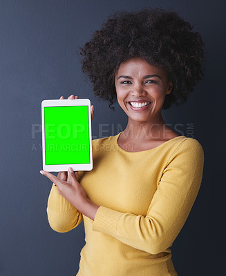 Buy stock photo Tablet, green screen and happy portrait of black woman with social media, communication or mockup space. Tech, display and online chat, connection or advertising app promotion with technology 