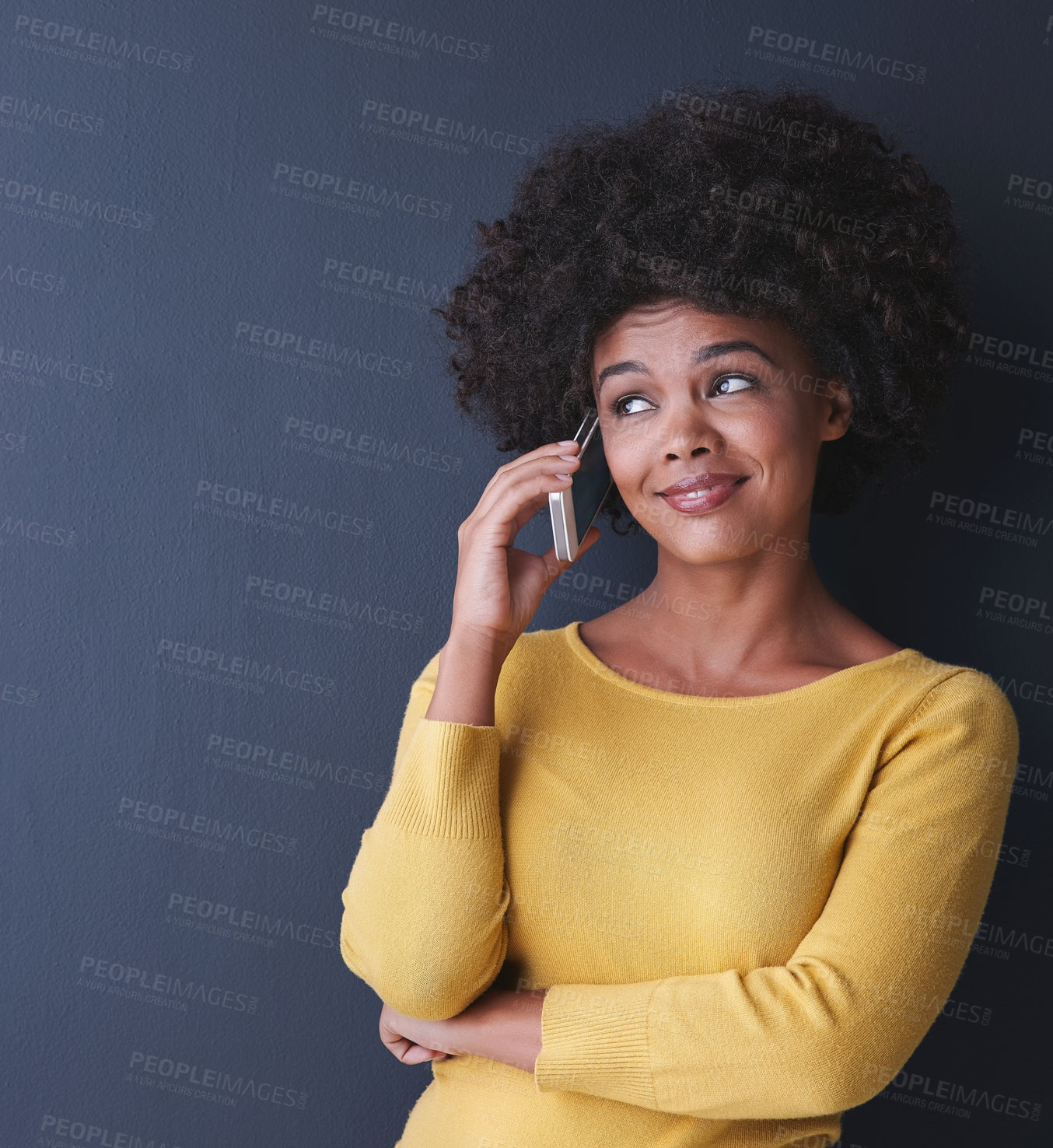 Buy stock photo Black woman, thinking and phone call with ideas, doubt or confused emoji in studio background. African, face and person conversation with questions, gossip or listening to drama communication