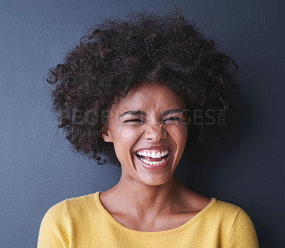 Buy stock photo Black woman, laugh and beauty portrait in studio with happiness from dental care and teeth whitening, Happy, face and natural African haircare, cosmetics or smile for dermatology on grey background