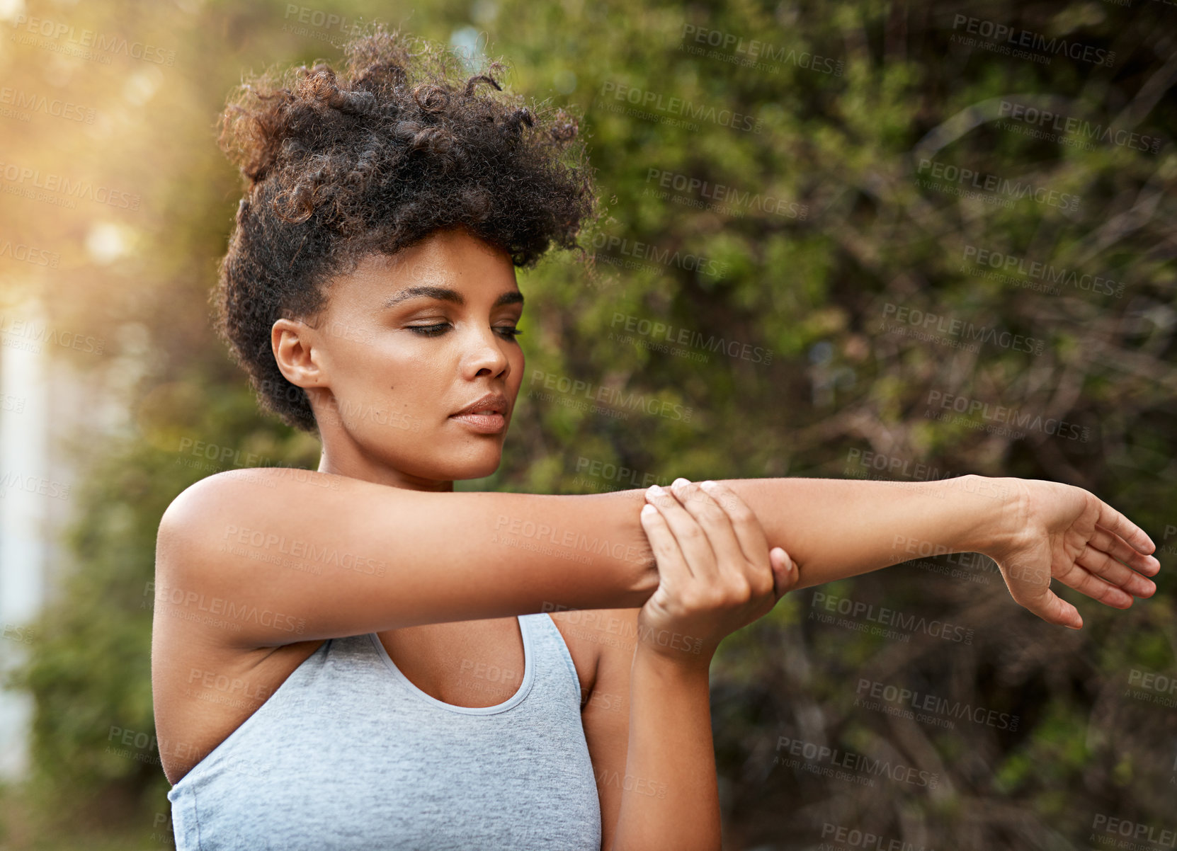 Buy stock photo Fitness, woman and arm for stretching in park before training, jog or exercise outdoors. Runner, athlete girl and warm up for workout goal with sports for running, wellness or marathon in nature